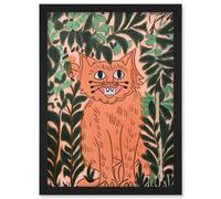 Artery8 Ginger Orange Tabby Cat in Plants Modern Folk Art Artwork Framed Wall Art Print A4