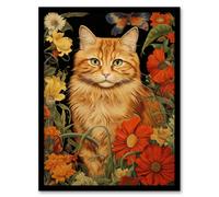 Artery8 Ginger Tabby Cat Floral Painting Orange Red Spring Flower Blooms Detailed Retro Style Low-Key Animal Portrait Art Print Framed Poster Wall Decor 12x16 inch