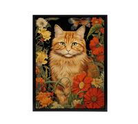Artery8 Ginger Tabby Cat Floral Painting Framed Canvas Wall Art Print in Green | Size: W24" x H32" Artery8 Green W24" x H32"
