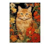 Artery8 Ginger Tabby Cat Floral Painting Orange Red Spring Flower Blooms Detailed Retro Style Low-Key Animal Portrait Unframed Wall Art Print Poster Home Decor Premium