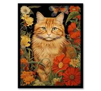 Artery8 Ginger Tabby Cat Floral Painting Orange Red Spring Flower Blooms Detailed Retro Style Low-Key Animal Portrait Artwork Framed Wall Art Print 18X24 Inch