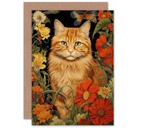 Artery8 Ginger Tabby Cat Lover Floral Spring Flower Blooms for Wife Her Mum Sister Daughter Mom Gran Nan Mothers Day Birthday Thank You Blank Art Greeting Card