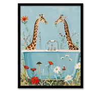 Artery8 Giraffe Bath Time Surreal Floral Nature Painting Bathroom Toilet Artwork Framed Wall Art Print A4