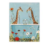 Giraffe Bath Time Surreal Floral Nature Painting Wall Art Print Artery8 Blue W24 inch x H32 inch