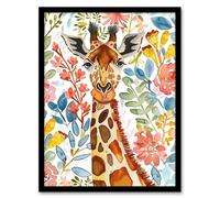 Artery8 Giraffe Colourful Floral Watercolour Portrait Living Room Artwork Framed Wall Art Print A4
