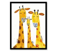 Artery8 Giraffe Family Simple Bright Watercolour Folk Art Framed Wall Art in Yellow | Size: A4 Artery8 Yellow A4