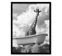 Artery8 Giraffe in Bathtub on a Hill Black White Surreal Bathroom Toilet Artwork Framed Wall Art Print A4