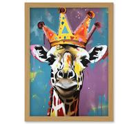 Giraffe Wearing a Crown King Queen Modern Pop Art Artwork Framed Wall Art Print A4 Artery8 Light Oak One Size