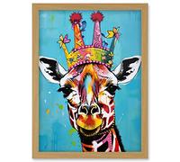 Giraffe Wearing Princess Crown Modern Folk Art Artwork Framed Wall Art Print A4 Artery8 Light Oak One Size