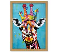 Giraffe Wearing Princess Crown Modern Folk Art Artwork Framed Wall Art Print A4 Artery8 Light Oak One Size