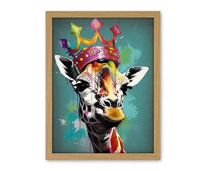 Artery8 Giraffe Wearing Rainbow Crown King Queen Pop Art Artwork Framed Wall Art Print 18X24 Inch
