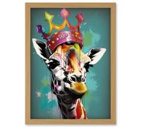 Giraffe Wearing Rainbow Crown King Queen Pop Art Artwork Framed Wall Art Print A4 Artery8 Light Oak One Size