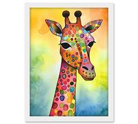 Artery8 Giraffe With Multicolour Pattern Folk Art Watercolour Painting Artwork Framed A3 Wall Art Print