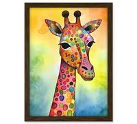 Artery8 Giraffe With Multicolour Pattern Folk Art Watercolour Painting Artwork Framed A3 Wall Art Print