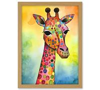Artery8 Giraffe With Multicolour Pattern Folk Art Watercolour Painting Artwork Framed A3 Wall Art Print
