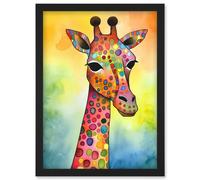 Artery8 Giraffe With Multicolour Pattern Folk Art Watercolour Painting Wall Art Print - A4 Size