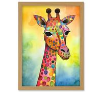 Artery8 Giraffe With Multicolour Pattern Folk Art Watercolour Painting Artwork Framed Wall Art Print A4 in Light Oak Artery8 Light Oak