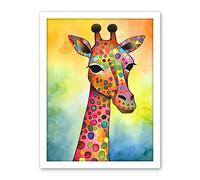 Artery8 Giraffe With Multicolour Pattern Folk Art Watercolour Painting Artwork Framed Wall Art Print 18X24 Inch