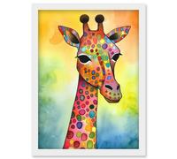 Artery8 Giraffe With Multicolour Pattern Folk Art Watercolour Painting Artwork Framed Wall Art Print A4 in White Artery8 White