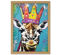 Giraffe With Queen Birthday Crown Modern Pop Art Artwork Framed Wall Art Print A4 Artery8 Light Oak One Size