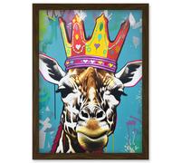 Artery8 Giraffe With Queen Birthday Crown Modern Pop Art Artwork Framed Wall Art Print A4 in Brown Artery8 Brown