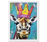 Artery8 Giraffe With Queen Birthday Crown Modern Pop Art Artwork Framed Wall Art Print A4 in White Artery8 White