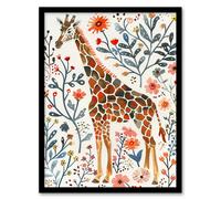 Artery8 Giraffe with Wildflowers Watercolour Folk Art Framed Wall Art | Size: A4 Artery8 Multicolor A4