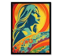 Artery8 Girl Surfer Aesthetic Sunset Surfing Floral Surf Board Vibrant Bold Bright Colourful Painting Artwork Framed Wall Art Print 18X24 Inch