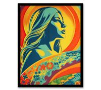 Artery8 Girl Surfer Aesthetic Sunset Surfing Floral Surf Board Vibrant Bold Bright Colourful Painting Artwork Framed Wall Art Print A4