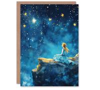 Artery8 Greeting Card Girl Wish Upon Star Starry Night Sky Painting For Child Kids Birthday Card