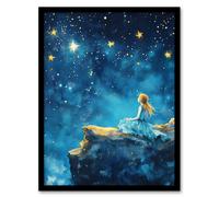 Artery8 Girl Wish Upon Star Starry Night Sky Painting Framed Art Print in Blue | Size: A4 Artery8 Blue A4