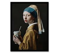 Artery8 Girl With Pearl Earring Coffee Remake Painting Kitchen Artwork Framed Wall Art Print A4