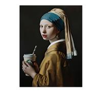 Artery8 Girl With Pearl Earring Coffee Remake Painting Wall Art Print in Black | Size: W24" x H32" Artery8 Black W24" x H32"