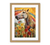 Artery8 Girls Bedroom Nursery Artwork Rainbow Horse With Flowers Bright Colourful Happy Artwork Framed Wall Art Print 18X24 Inch