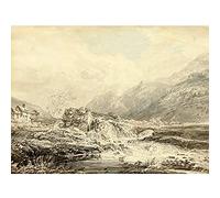 Artery8 Girtin Mountainous Landscape Overshot Mill Bridge Painting Art Print Canvas Premium Wall Decor Poster Mural