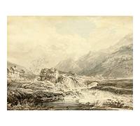 Artery8 Girtin Mountainous Landscape Overshot Mill Bridge Painting Premium Wall Art Canvas Print 18X24 Inch