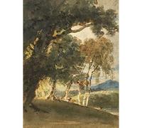 Artery8 Girtin River Valley Distant Hill Through Trees Painting Premium Wall Art Canvas Print 18X24 Inch
