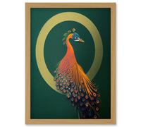 Artery8 Glamorous Stylish Chic Modern Peacock Illustration Green Gold Orange Artwork Framed Wall Art Print A4 in Light Oak Artery8 Light Oak