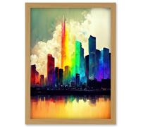 Artery8 Glass City Of Rainbow Reflections Cityscape Artwork Framed Wall Art Print A4 in Light Oak Artery8 Light Oak