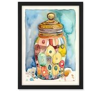 Artery8 Glass Cookie Jar With Sweets Folk Art Watercolour Painting Artwork Framed A3 Wall Art Print