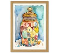 Artery8 Glass Cookie Jar With Sweets Folk Art Watercolour Painting Artwork Framed A3 Wall Art Print