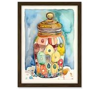 Artery8 Glass Cookie Jar With Sweets Folk Art Watercolour Painting Artwork Framed A3 Wall Art Print