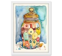 Artery8 Glass Cookie Jar With Sweets Folk Art Watercolour Painting Artwork Framed A3 Wall Art Print