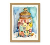 Artery8 Glass Cookie Jar With Sweets Folk Art Watercolour Painting Artwork Framed Wall Art Print 18X24 Inch
