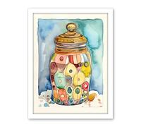 Artery8 Glass Cookie Jar With Sweets Folk Art Watercolour Painting Artwork Framed Wall Art Print 18X24 Inch