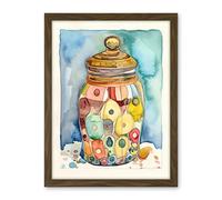 Artery8 Glass Cookie Jar With Sweets Folk Art Watercolour Painting Artwork Framed Wall Art Print 18X24 Inch