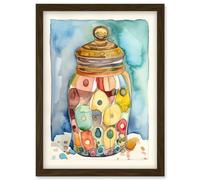 Artery8 Glass Cookie Jar With Sweets Folk Art Watercolour Painting Artwork Framed Wall Art Print A4 in Brown Artery8 Brown