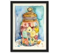 Artery8 Glass Cookie Jar With Sweets Folk Art Watercolour Painting Artwork Framed Wall Art Print A4 in Black Artery8 Black