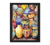 Artery8 Glazed Ceramic Pot Vases Folk Art Artwork Framed Wall Art Print 18X24 Inch