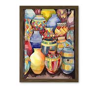 Artery8 Glazed Ceramic Pot Vases Folk Art Artwork Framed Wall Art Print 18X24 Inch